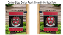 Load image into Gallery viewer, harvard shield logo reading correctly on both sides of three panel red and black double sided garden flag
