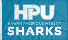 Load image into Gallery viewer, blue hawaii pacific university flag with hpu sharks logo for college dorm decor
