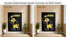 Load image into Gallery viewer, herky the hawk logo reading correctly on both sides of iowa hawkeyes double sided house flag
