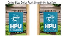 Load image into Gallery viewer, hpu sharks logo reading correctly on both sides of light blue double sided garden flag

