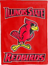 Load image into Gallery viewer, red illinois state redbirds house flag hung outside for man cave decor
