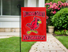Load image into Gallery viewer, red illinois state redbirds garden flag hung outside for yard decor
