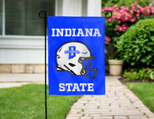 Load image into Gallery viewer, blue indiana state football garden flag hung outside driveway for yard decor
