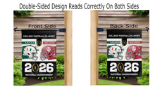 Load image into Gallery viewer, indiana vs miami cfp championship 2026 logo reading correctly on both sides of black and white double sided garden flag
