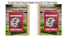 Load image into Gallery viewer, indianapolis greyhounds football logo reading correctly on both sides of red double sided garden flag
