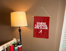 Load image into Gallery viewer, alabama where legends are made garden flag hung inside a college dorm for dorm decor
