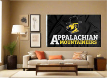 Load image into Gallery viewer, indoor display of black appalachian state university mountaineers flag for man cave decor
