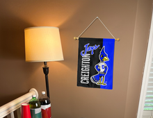 Load image into Gallery viewer, black and blue creighton university vintage garden flag hung inside
