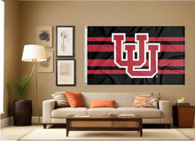 Load image into Gallery viewer, indoor display of black and red university of utah flag with interlock uu logo for man cave decor
