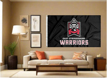 Load image into Gallery viewer, indoor display of black east stroudsburg warriors flag for man cave decor

