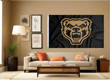 Load image into Gallery viewer, indoor display of black oakland university grizzlies flag for man cave decor
