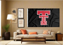 Load image into Gallery viewer, indoor display of black texas tech university red raiders flag for man cave decor
