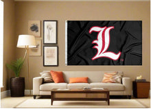 Load image into Gallery viewer, indoor display of black university of louisville flag for man cave decor
