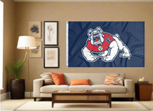Load image into Gallery viewer, indoor display of blue fresno state university flag for man cave decor
