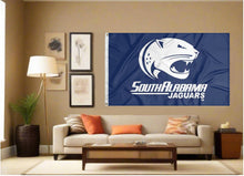 Load image into Gallery viewer, indoor display of blue south alabama jaguars flag for man cave decor
