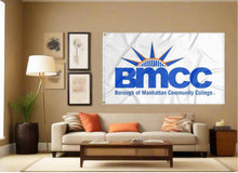 Load image into Gallery viewer, indoor display of white borough of manhattan community college flag for man cave decor
