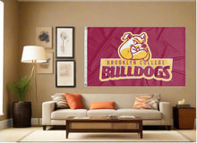 Load image into Gallery viewer, indoor display of maroon brooklyn college bulldogs flag for man cave decor
