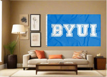 Load image into Gallery viewer, indoor display of blue byu idaho flag for man cave decor
