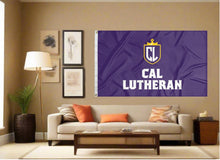 Load image into Gallery viewer, indoor display of purple cal lutheran flag for man cave decor
