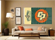 Load image into Gallery viewer, indoor display of cal poly mustangs basketball flag for fan cave decor
