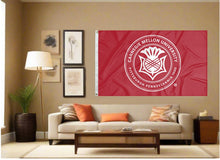 Load image into Gallery viewer, indoor display of red carnegie mellon university seal flag for man cave decor
