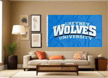 Load image into Gallery viewer, indoor display of blue cheyney university of pennsylvania wolves flag for man cave decor

