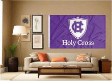 Load image into Gallery viewer, indoor display of purple college of the holy cross flag for man cave decor
