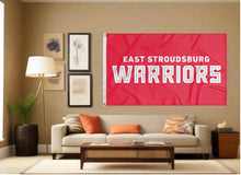 Load image into Gallery viewer, indoor display of red east stroudsburg warriors flag for man cave decor
