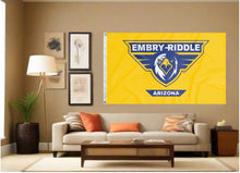 Load image into Gallery viewer, indoor display of gold embry riddle aeronautical university prescott flag for man cave decor
