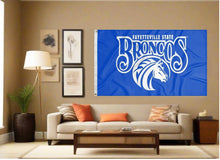 Load image into Gallery viewer, indoor display of blue fayetteville state university broncos flag for man cave decor
