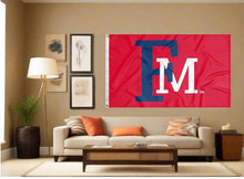 Load image into Gallery viewer, indoor display of red francis marion university flag with fm logo for man cave decor
