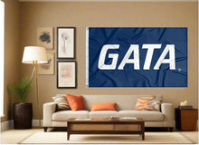Load image into Gallery viewer, indoor display of georgia southern university flag with gata logo for man cave decor
