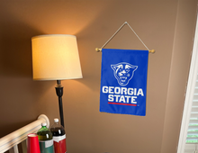 Load image into Gallery viewer, georgia state university garden flag hung inside for college dorm decor
