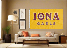 Load image into Gallery viewer, indoor display of gold iona college gaels flag for man cave decor
