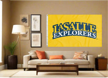 Load image into Gallery viewer, indoor display of gold la salle university flag for man cave decor
