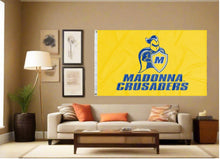 Load image into Gallery viewer, indoor display of gold madonna university crusaders flag for man cave decor
