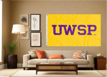 Load image into Gallery viewer, indoor display of gold uwsp pointers flag for tailgate decor
