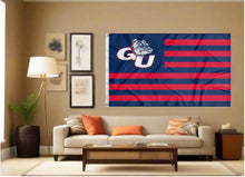 Load image into Gallery viewer, indoor display of gonzaga bulldogs flag with usa flag style background for man cave decor

