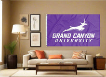 Load image into Gallery viewer, indoor display of purple grand canyon university lopers flag for man cave decor
