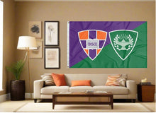 Load image into Gallery viewer, indoor display of green and purple hobart and william smith colleges flag with shields logo for man cave decor
