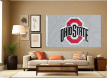 Load image into Gallery viewer, indoor display of grey ohio state university buckeyes flag for man cave decor
