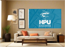 Load image into Gallery viewer, indoor display of blue hpu sharks logo flag for man cave decor
