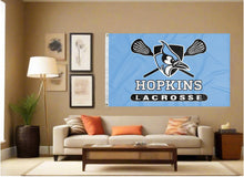 Load image into Gallery viewer, indoor display of johns hopkins lacrosse flag for man cave decor
