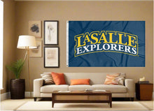 Load image into Gallery viewer, indoor display of la salle explorers flag for man cave decor
