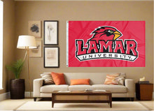 Load image into Gallery viewer, indoor display of red lamar university flag for man cave decor
