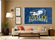 Load image into Gallery viewer, indoor display of blue lasalle university flag with lasalle explorers logo for man cave decor
