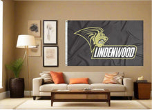 Load image into Gallery viewer, indoor display of lindenwood lions flag for man cave decor
