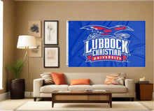 Load image into Gallery viewer, indoor display of blue lubbock christian university flag for man cave decor
