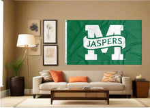 Load image into Gallery viewer, indoor display of manhattan university jaspers flag for man cave decor
