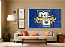 Load image into Gallery viewer, indoor display of marquette university flag with mu marquette logo for man cave decor
